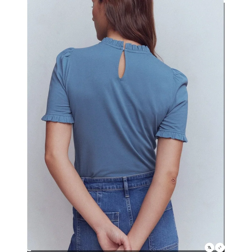 Boden Blue Ruffle Neck Puff Sleeve Keyhole Back Top Womens Size 12 US - M